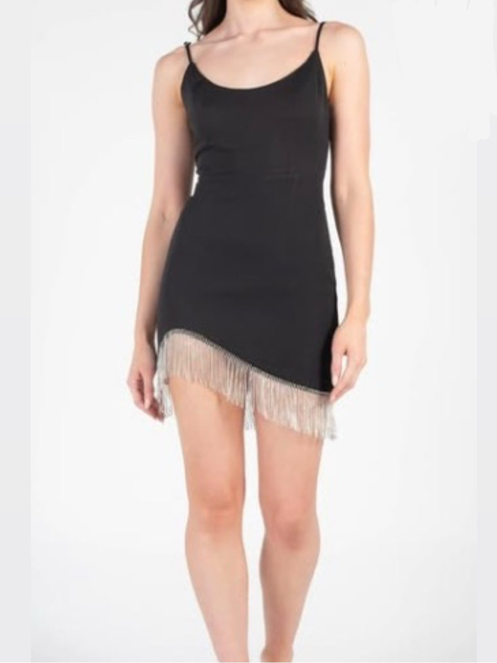 DO+BE Black Spaghetti Strap Dress with Rhinestone Fringe